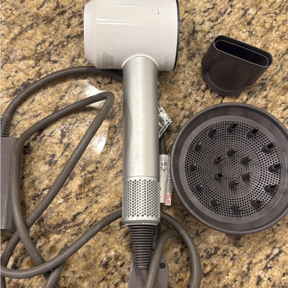 Dyson White & Silver Hair Dryer with Diffuser and Nozzle